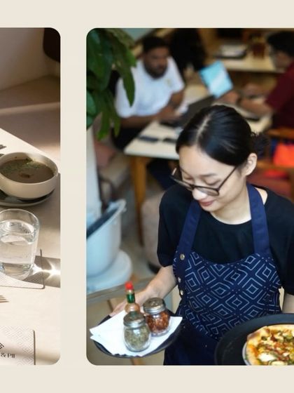 A little bit of Paper & Pie in every swipe. This collage shows our food, our staff in action, and the general ambiance of the cafe.