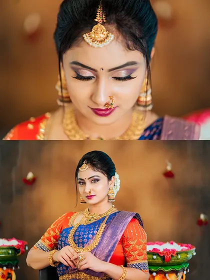 A two-panel collage showing both a detailed makeup shot and a poised three-quarter portrait. This format is excellent for showcasing the work of a makeup artist while also displaying the full effect of the saree and jewelry.