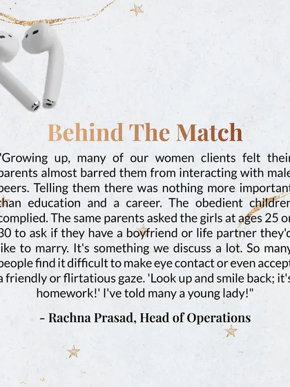 Our Head of Operations, Rachna Prasad, shares a common challenge. Many clients were taught to prioritize career over relationships, and now find it hard to even make eye contact. Sometimes, the homework is as simple as 'look up and smile'.