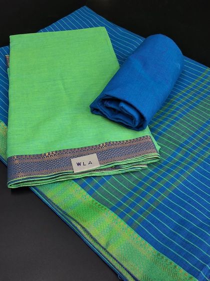 This linen cotton dress material in green and blue is perfect for daily wear. The simple yet elegant design can be tailored into a comfortable and stylish kurti set.