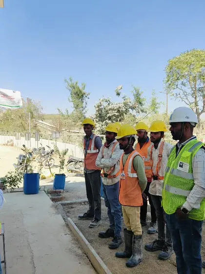 A safety briefing in session at a project site. We hold interactive sessions and knowledge-sharing activities to ensure our commitment to a safety-first approach is upheld every day by every team member.