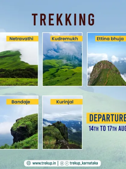 A showcase of our top trekking destinations: Netravathi, Kudremukh, Ettina Bhuja, Bandaje, and Kurinjal. All are accessible with our weekend packages from Bangalore.
