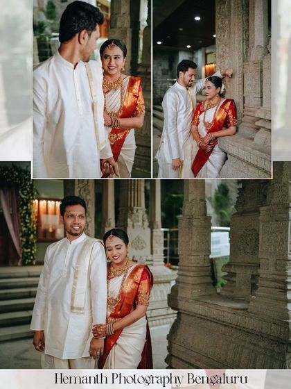 A collage of a couple's pre-wedding shoot in a stone temple, highlighting their connection through gentle interactions and shared glances.