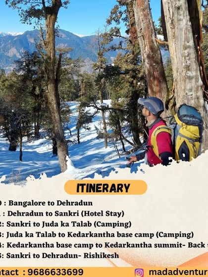 The detailed 5-day itinerary for the Kedarkantha trek, from Bangalore to the summit and back. We camp at scenic spots like Juda ka Talab.