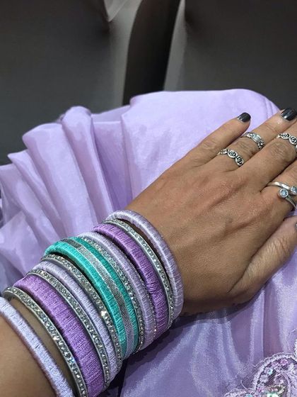 Another angle of the silk thread bangles, showing how they stack up beautifully. I can create a set in any colour combination to match your special outfit.