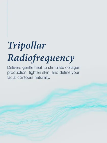 The final component is Tripollar Radiofrequency. This technology delivers gentle heat to stimulate the production of new collagen, which helps tighten the skin and define facial contours naturally over time.
