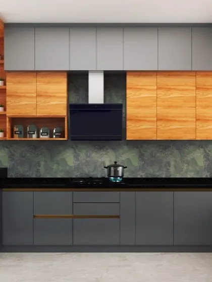 A 3D render of a kitchen for an upcoming project. The design uses a combination of dark grey base cabinets and wood-finish upper cabinets, with a striking green marble-patterned backsplash.