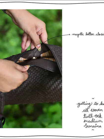 The Medium Sunaina closes with a secure magnetic button, which keeps the mouth of the bag together while maintaining its soft, slouchy silhouette.