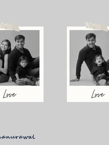 A set of two classic black and white polaroid-style portraits showing a happy family of four and a tender moment between the father and his child, perfect for timeless memories.