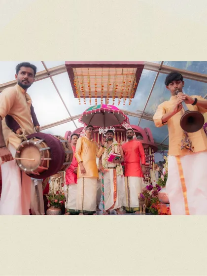 The Kashiyatra is an important pre-wedding ritual in Iyer weddings. The groom's veshti is draped meticulously to hold up during this procession, complete with traditional accessories.