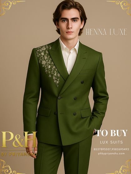 A close-up portrait, focusing on the intricate lapel embroidery and the confident expression it inspires.