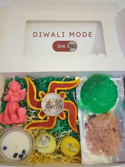 Gifting is a way of sharing self-care. My festive Diwali hamper is packed with handmade treasures like decorative candles, fragrant soaps, and relaxing bath salts to bring light and joy to your loved ones.