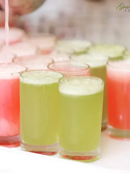 Our welcome drinks are as vibrant as a rainbow. We serve shots of fresh watermelon and muskmelon juice to greet guests as they arrive, offering a refreshing and colorful start to the event.