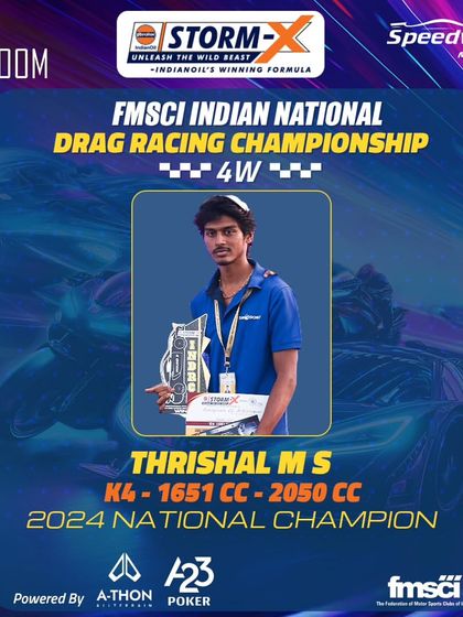 Congratulations to Thrishal M S, the 2024 National Champion in the K4 class. His incredible performance showcases the talent and dedication present at our drag meets.