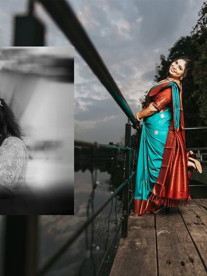 A collage showing a mix of black and white candids and colorful portraits from an engagement ceremony by a lake.