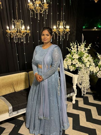 Posing with confidence. This custom-fit lehenga was designed to be comfortable yet glamorous, allowing my client to enjoy her sangeet night without any fuss.