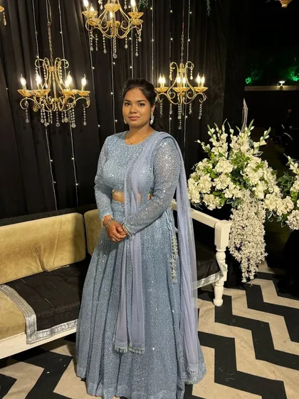 Posing with confidence. This custom-fit lehenga was designed to be comfortable yet glamorous, allowing my client to enjoy her sangeet night without any fuss.