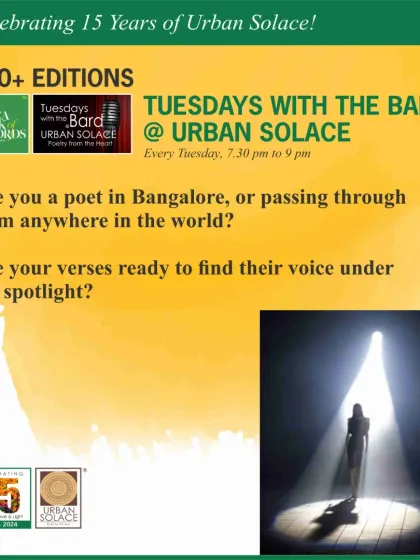 Are your verses ready to find their voice? Another poster from our 15th-anniversary celebration, inviting poets from Bangalore and beyond to join our legacy.