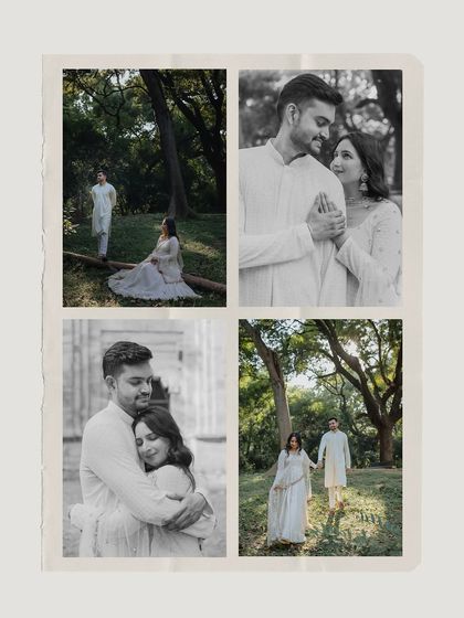 A collage of black and white photos from a pre-wedding shoot, capturing a variety of romantic and candid moments.