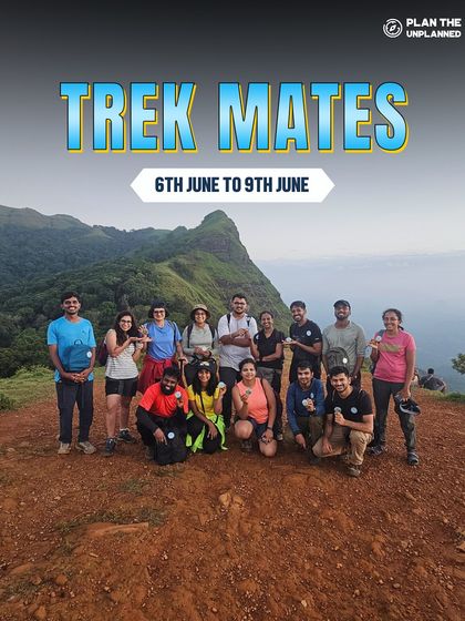 This "Trek Mates" graphic shows a group posing on a mountain ridge. We celebrate the friendships and connections made on our adventures.