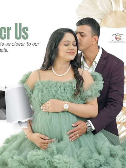 A composite image titled 'Forever Us'. It features a loving couple's portrait, with the partner kissing his wife's head as she cradles her bump in a beautiful green gown.