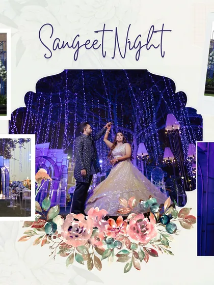 A beautifully designed graphic showcasing the couple at their Sangeet, framed by floral illustrations. I work with graphic designers to create a cohesive brand for the wedding.