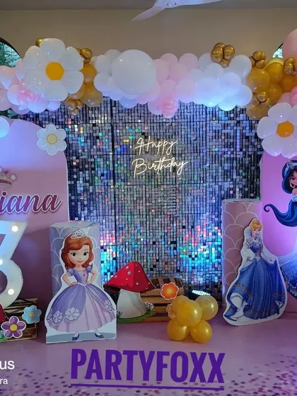 A princess theme for Eliana's 3rd birthday, featuring cutouts of various Disney princesses like Merida and Sofia the First against a shimmering backdrop.