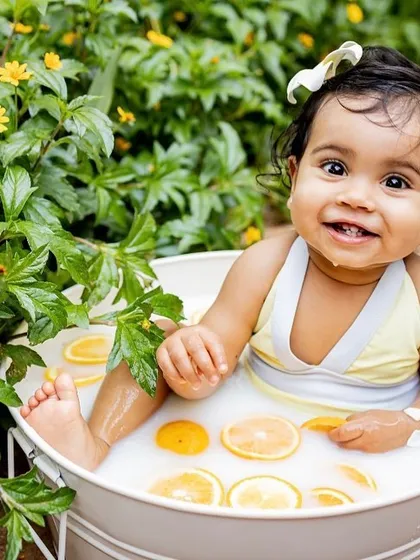 For babies who can sit up, a milk bath session is such a unique and fun experience. I love using natural elements like fresh oranges and flowers to create these bright, happy portraits.