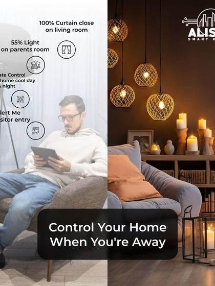This graphic shows how you can control your home while away, with options to close curtains, adjust lighting, manage climate, and receive visitor alerts for complete peace of mind.