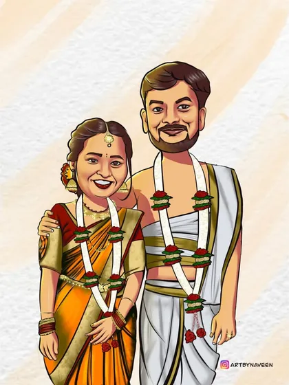 I love creating wedding caricatures that celebrate traditional ceremonies. For this piece, I focused on getting the details just right, from the texture of the silk saree and veshti to the delicate flower garlands.