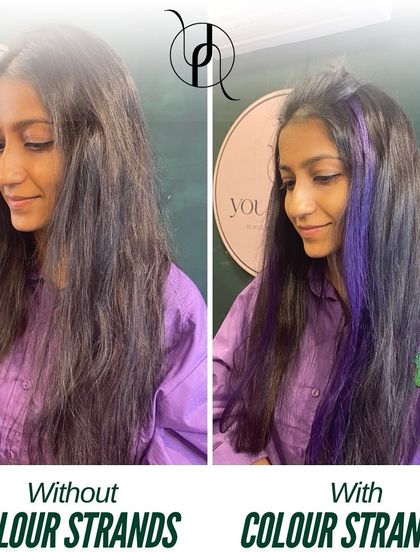 This before-and-after shows the vibrant impact of adding temporary purple color strands. It's a great way to add a fun element to your hair for any occasion.