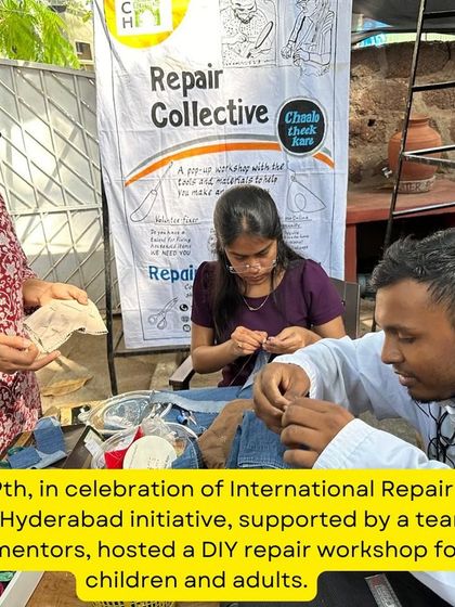 A team of mentors and participants work on mending clothes at our Hyderabad workshop. We provide all the necessary materials, from needles and thread to fabric scraps.