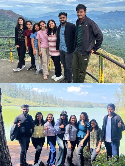 A collage from an Ooty trip, showing the group at a viewpoint and by the serene Pykara Lake.