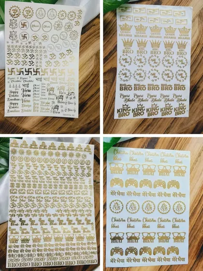 Our gold foil Rakhi stickers are an easy way to add a professional and festive touch. This collage shows sheets with "Bro," "King," and other fun designs.