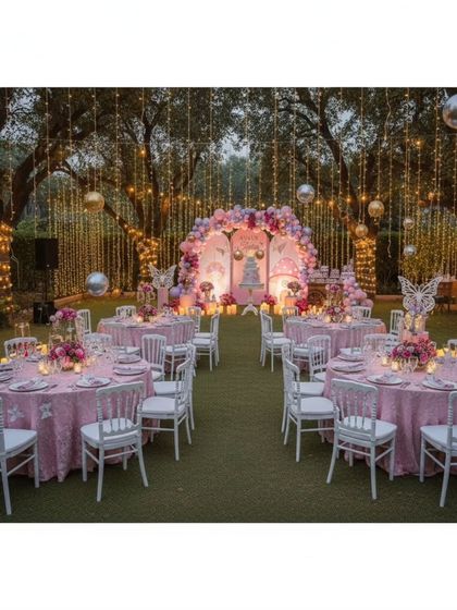 This wide shot shows the complete guest seating arrangement for the outdoor fairy party. The pink tablecloths and white chairs complement the main stage, ensuring the entire event space feels cohesive and magical under the canopy of lights.