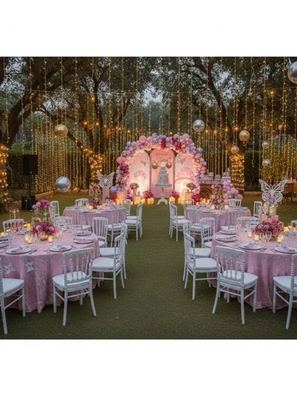 This wide shot shows the complete guest seating arrangement for the outdoor fairy party. The pink tablecloths and white chairs complement the main stage, ensuring the entire event space feels cohesive and magical under the canopy of lights.