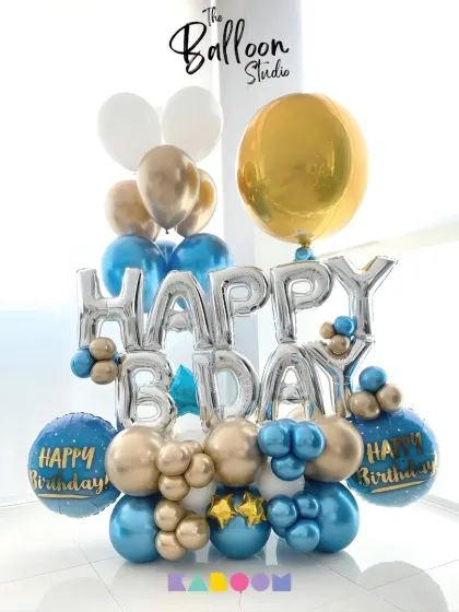 A classic "Happy Bday" balloon bouquet in blue and gold, perfect for wishing someone of any age a very happy birthday in style.