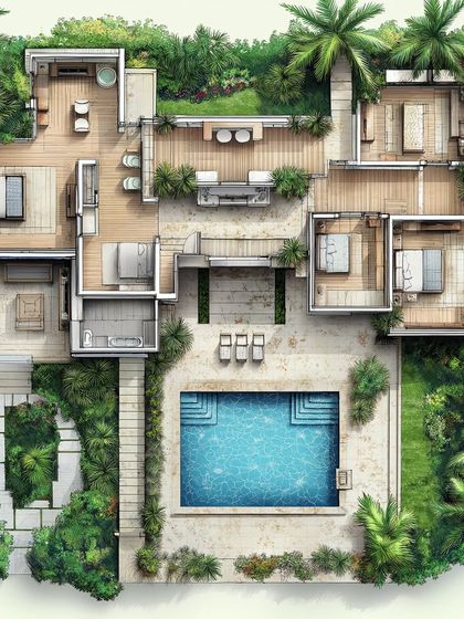 This illustrated floor plan brings a design to life, showing how each space connects. Here, the bedrooms are designed as private retreats, while the open-plan living area and pool serve as the social heart of the home.