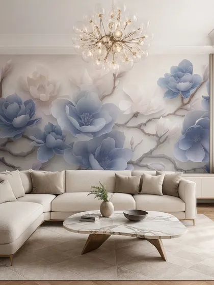 This serene 5D wallpaper features large, embossed blue flowers on a light, airy background. It's a perfect choice for creating a calm and peaceful ambiance in a bedroom or living area.