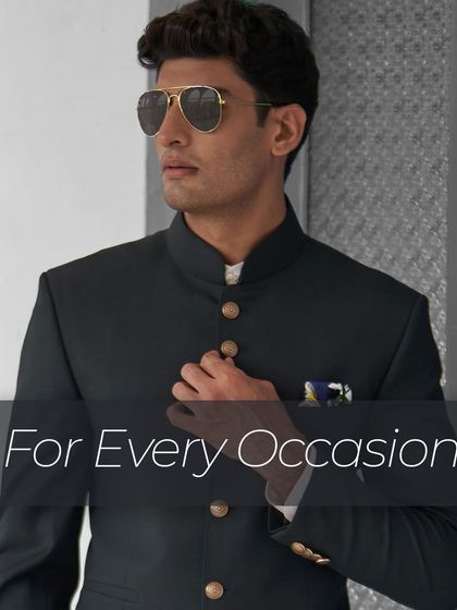 My philosophy is simple: a perfectly tailored outfit for every occasion. This graphic highlights a classic bandhgala, a staple of my collection.