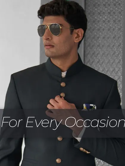 My philosophy is simple: a perfectly tailored outfit for every occasion. This graphic highlights a classic bandhgala, a staple of my collection.