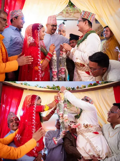 A collage of the Varmala ceremony, capturing the happy and chaotic energy as family and friends join in the fun.