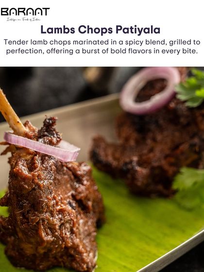 Tender Lamb Chops Patiala, marinated in a spicy blend and grilled to perfection, offering a burst of bold flavours in every bite.