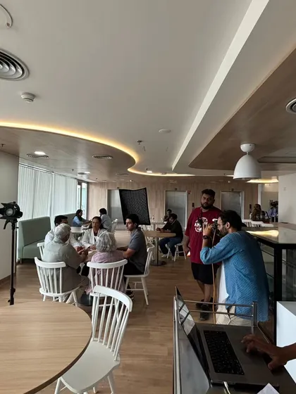 Another behind the scenes view from the Medanta corporate shoot, showing the crew at work in the hospital's cafeteria. My role is to be on standby for any touch-ups needed between takes.
