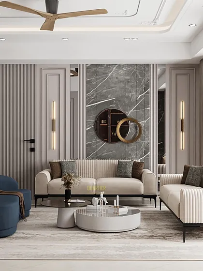 This living area render for Apex D'Rio showcases a fusion theme with a dramatic fireplace and bar unit. The design uses dark marble and rich textures to create a luxurious and inviting space for entertaining.