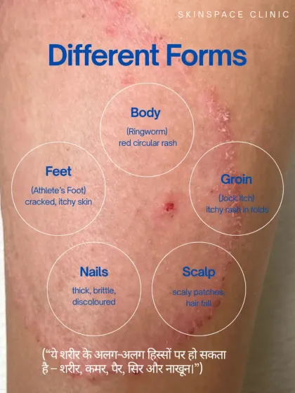 Fungal infections can appear in many different forms all over the body, from ringworm on the body to Athlete's Foot, Jock Itch, and even on the scalp and nails. Each requires specific care.