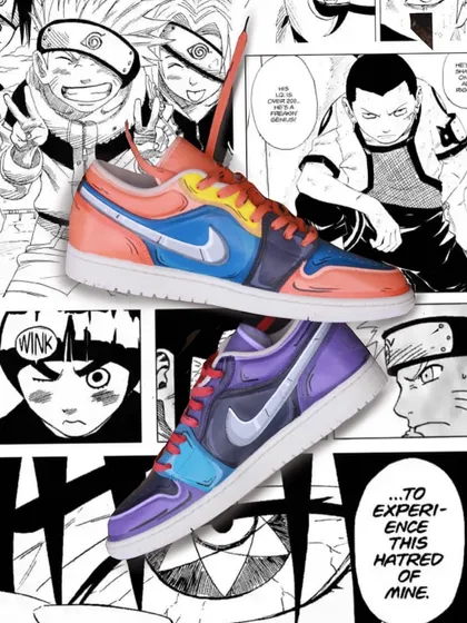 For all the anime fans, this one was a blast. I designed this pair of custom Nike Jordans with a split Naruto and Sasuke theme, bringing the iconic manga panels to life with vibrant colors.