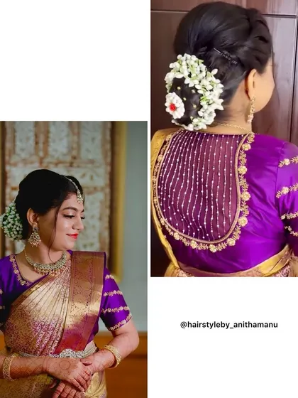 A versatile and elegant floral bun. This collage shows how a soft, textured updo, adorned with fresh white flowers, looks beautiful from both the front and the back, perfect for any wedding function.