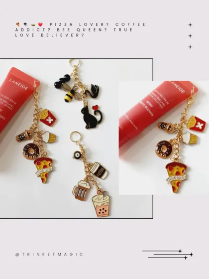 Are you a pizza lover, coffee addict, or bee queen? This collage showcases the different foodie and animal-themed charm chains you can create.