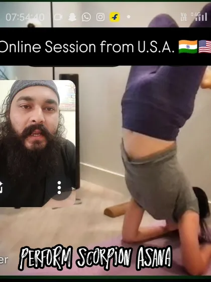 Practice with us from anywhere in the world. This is a snapshot of a live online session with our student Esther in the U.S.A., as we guide her through the advanced Vrischikasana (Scorpion Pose).